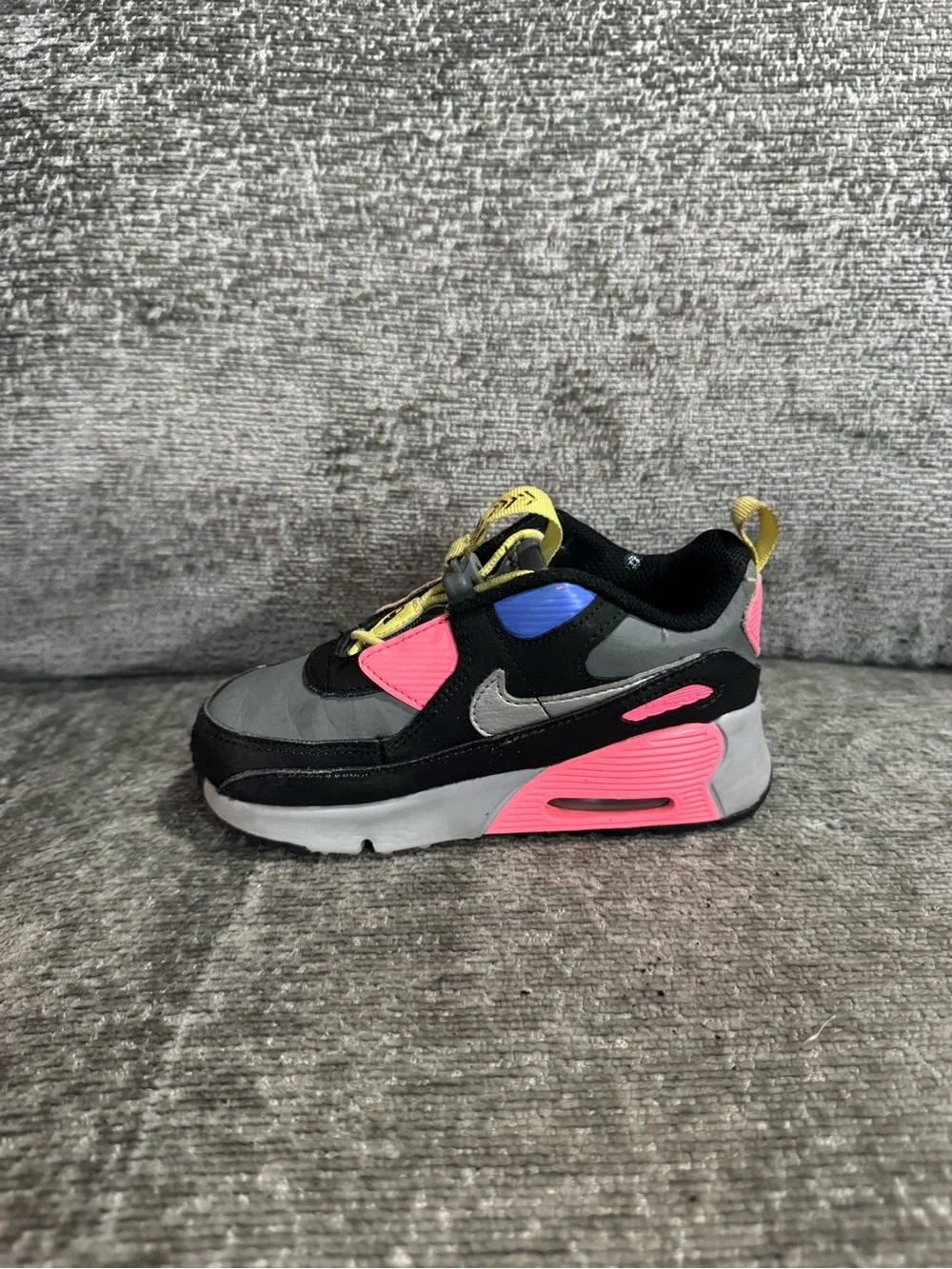 Nike Air Max 90 Toggle Athletic Sneakers in Black, Gray & Pink Yellow Accent 9C